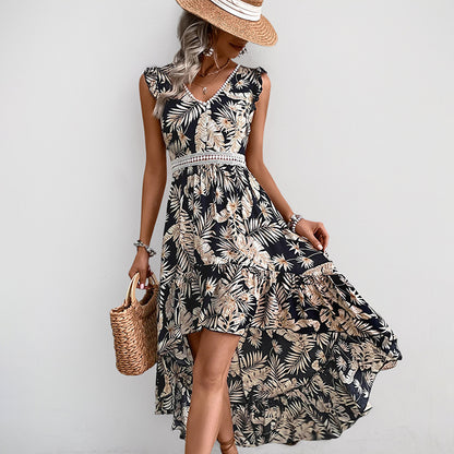 Tropical Floral Print Dress with High-Low Hem and V-Neck