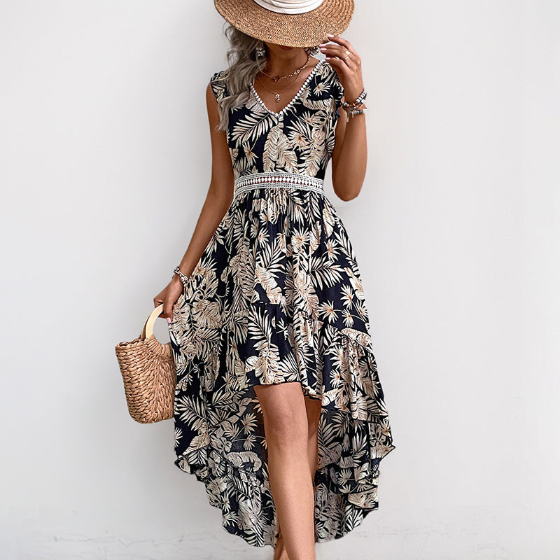 Tropical Floral Print Dress with High-Low Hem and V-Neck