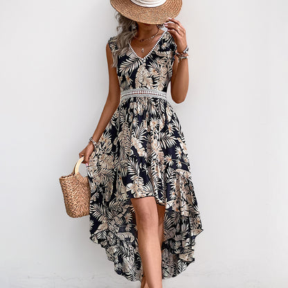 Tropical Floral Print Dress with High-Low Hem and V-Neck