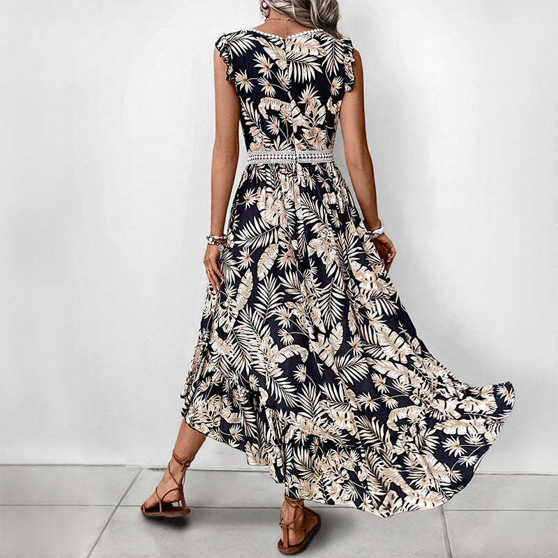 Tropical Floral Print Dress with High-Low Hem and V-Neck