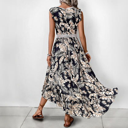 Tropical Floral Print Dress with High-Low Hem and V-Neck