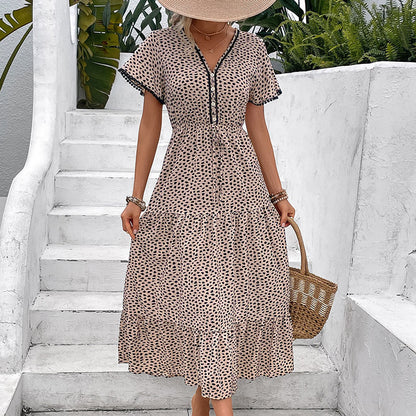 Leopard Print Midi Dress with V-Neck and Tiered Skirt