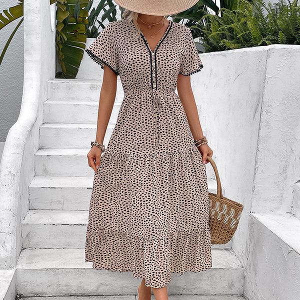 Leopard Print Midi Dress with V-Neck and Tiered Skirt