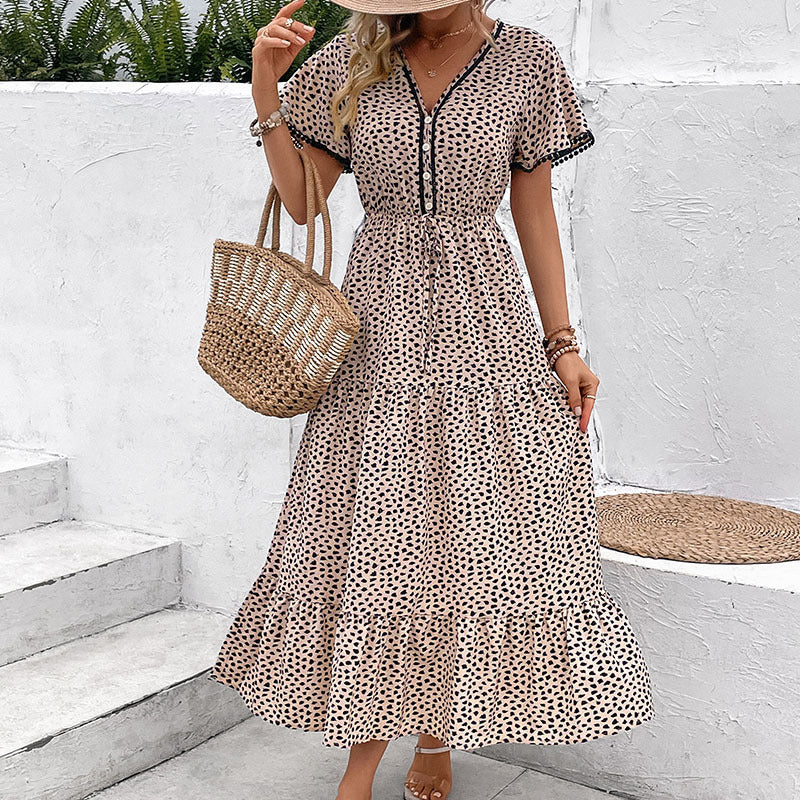 Leopard Print Midi Dress with V-Neck and Tiered Skirt