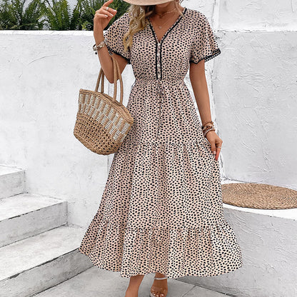 Leopard Print Midi Dress with V-Neck and Tiered Skirt