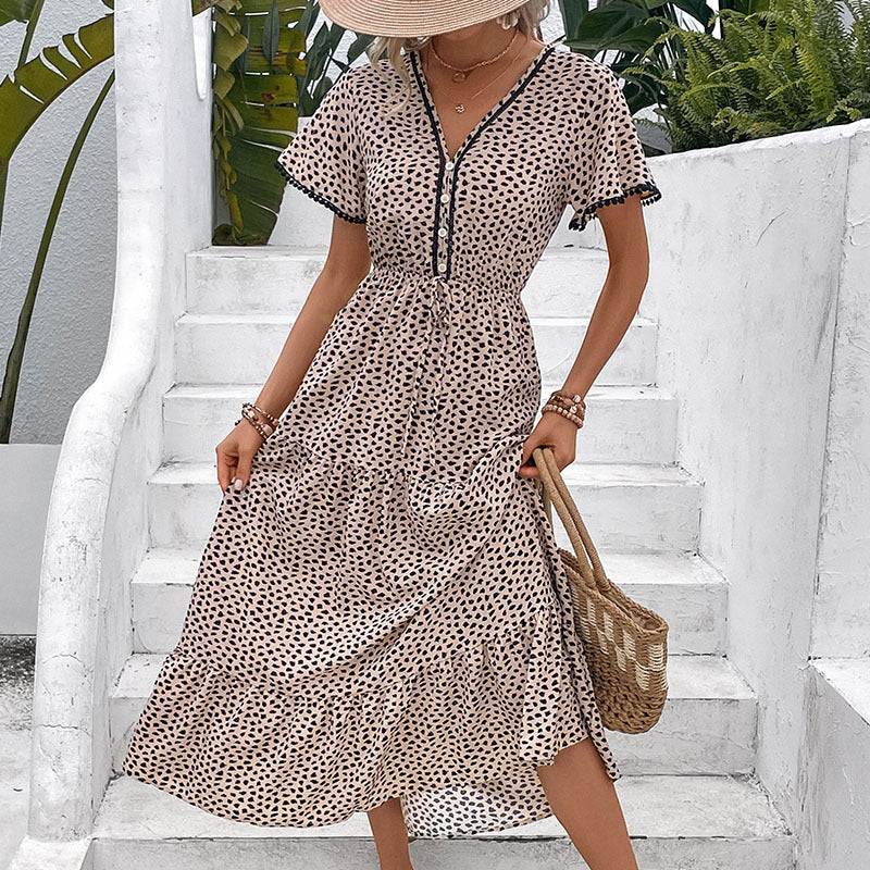 Leopard Print Midi Dress with V-Neck and Tiered Skirt