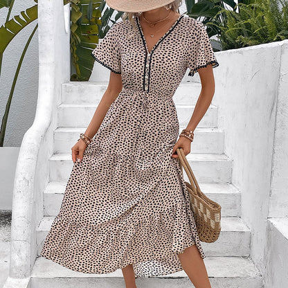 Leopard Print Midi Dress with V-Neck and Tiered Skirt