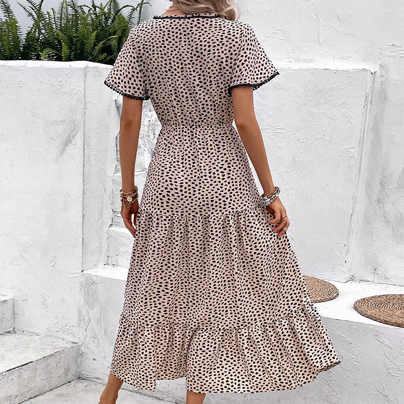Leopard Print Midi Dress with V-Neck and Tiered Skirt