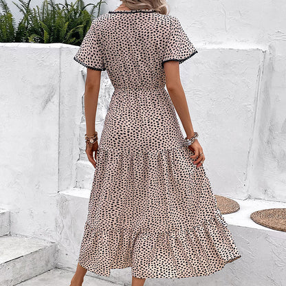 Leopard Print Midi Dress with V-Neck and Tiered Skirt