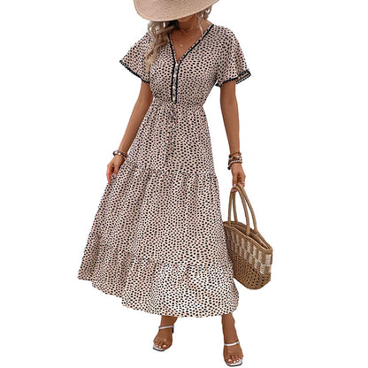 Leopard Print Midi Dress with V-Neck and Tiered Skirt