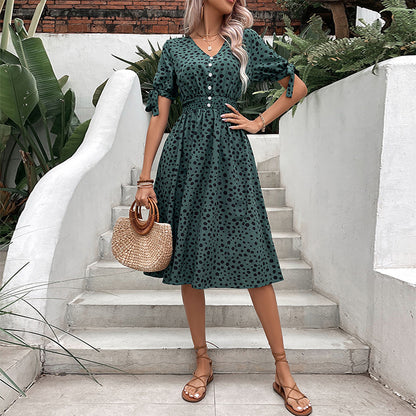 A-Line Dot Print Midi Dress with V-Neck and Smocked Waist