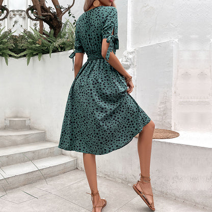 A-Line Dot Print Midi Dress with V-Neck and Smocked Waist
