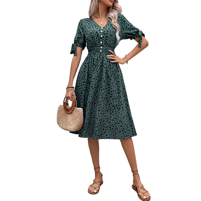 A-Line Dot Print Midi Dress with V-Neck and Smocked Waist