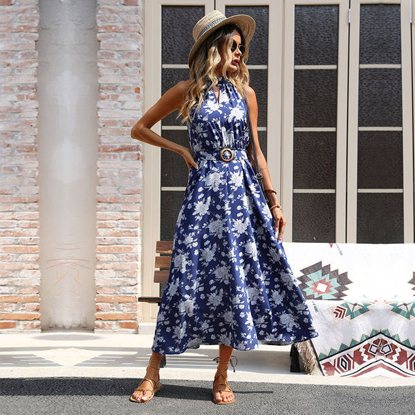 A-Line Floral Print Midi Dress with Halter Neck