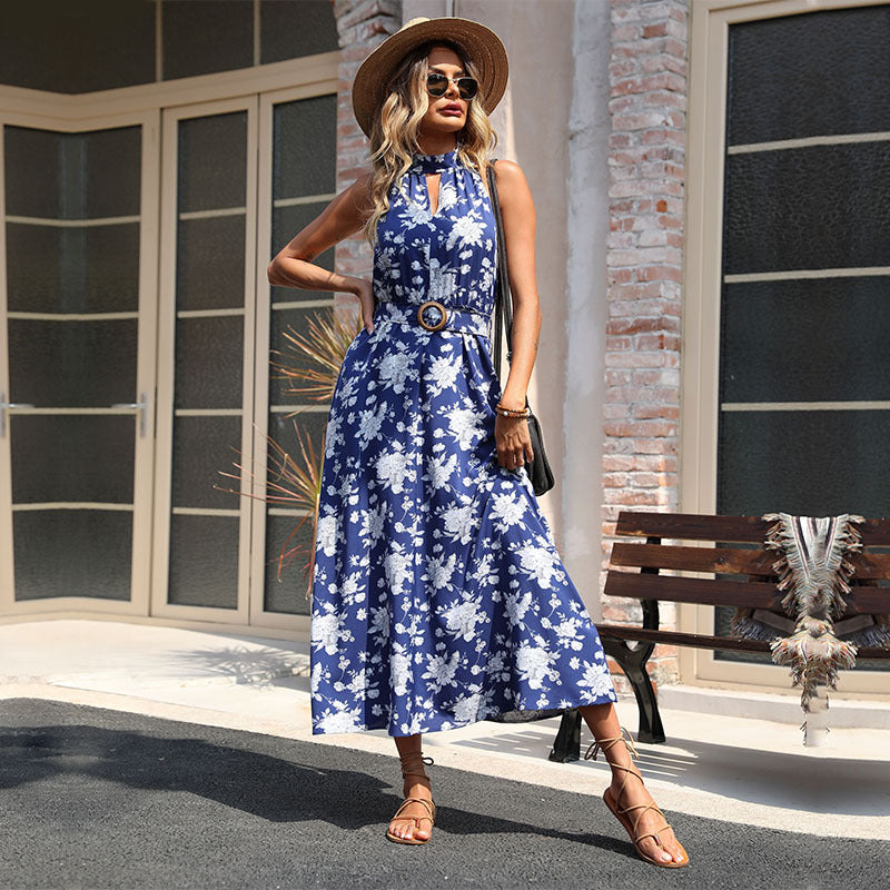 A-Line Floral Print Midi Dress with Halter Neck