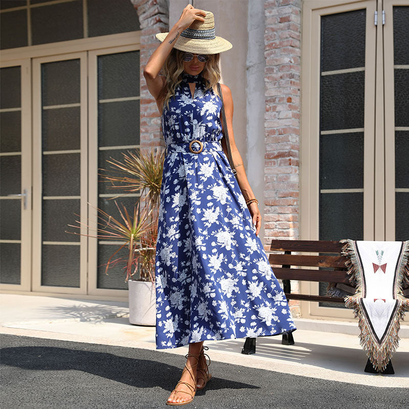 A-Line Floral Print Midi Dress with Halter Neck