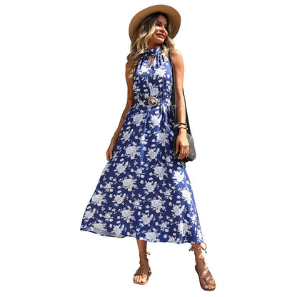A-Line Floral Print Midi Dress with Halter Neck
