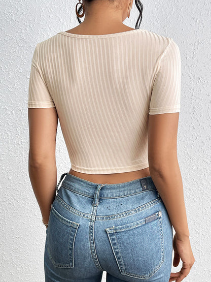Ribbed Crop Top with Square Neck and Tie-Front Cut-Out
