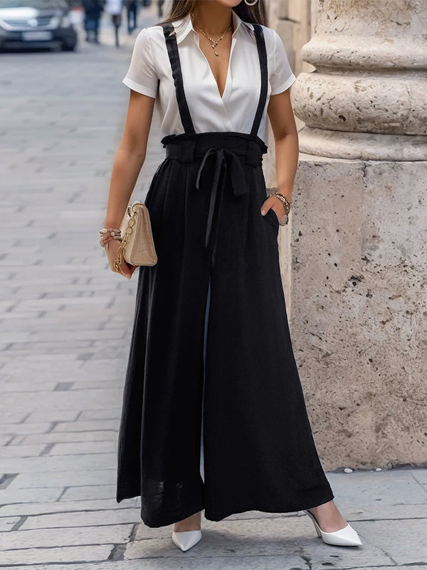 Wide-Leg Suspender Trousers with High Waist and Tie-Waist