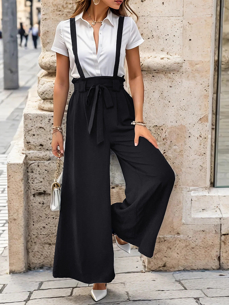 Wide-Leg Suspender Trousers with High Waist and Tie-Waist
