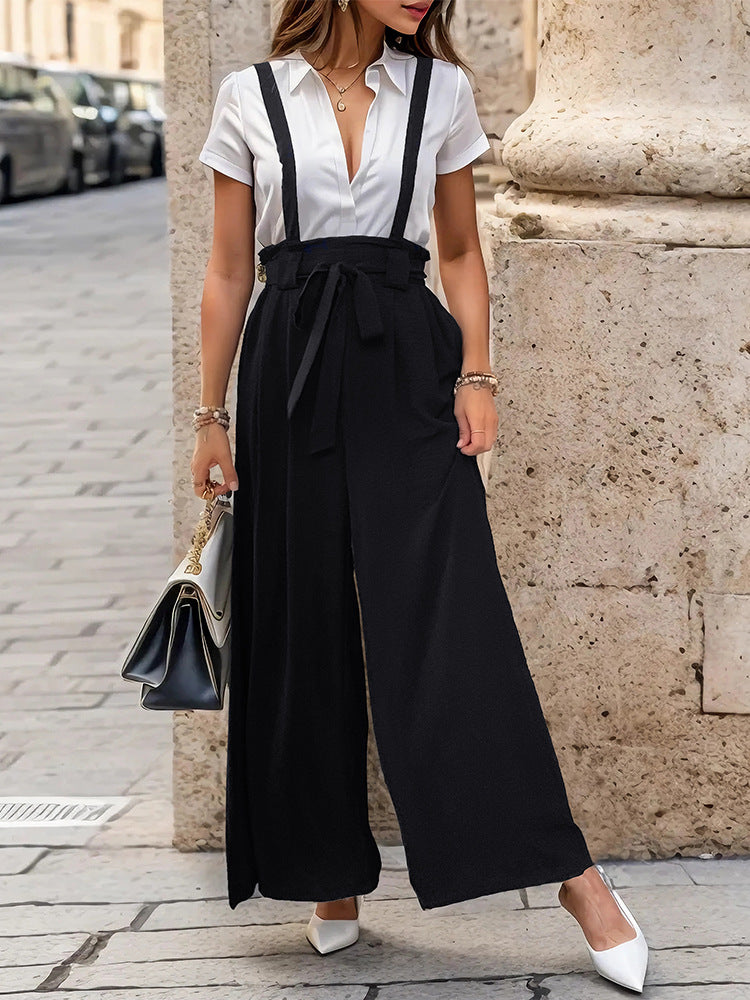 Wide-Leg Suspender Trousers with High Waist and Tie-Waist