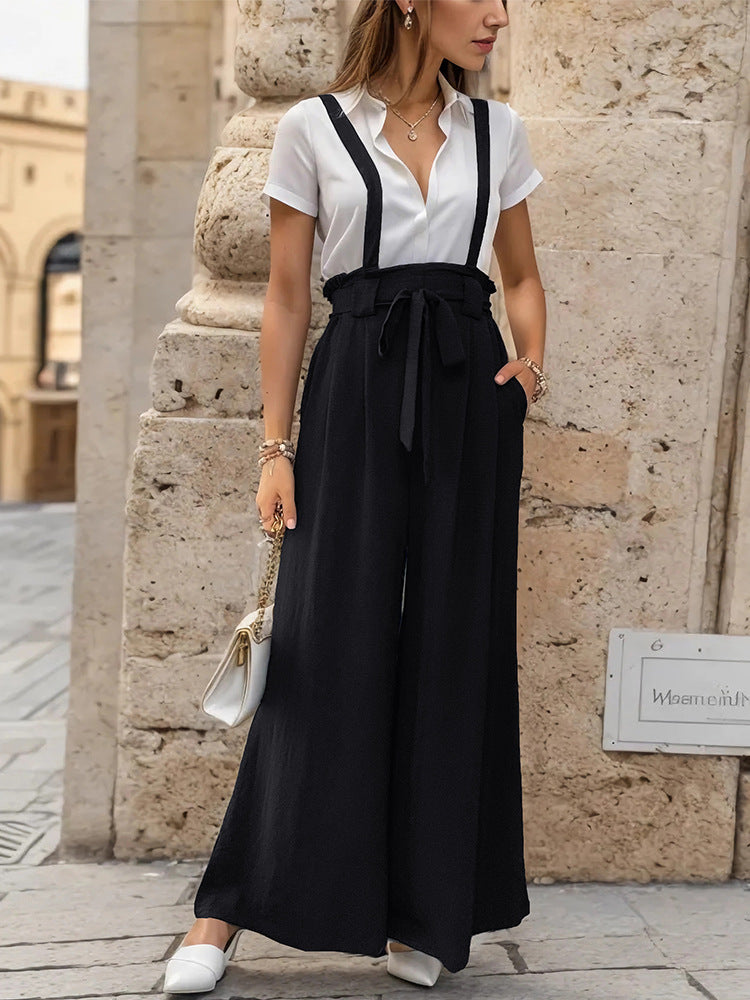 Wide-Leg Suspender Trousers with High Waist and Tie-Waist
