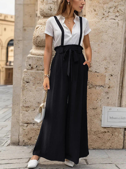 Wide-Leg Suspender Trousers with High Waist and Tie-Waist
