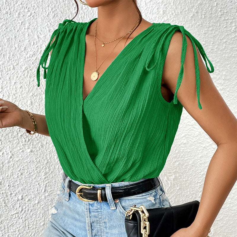 Color-Block Wrap Bodysuit with Tie Shoulders
