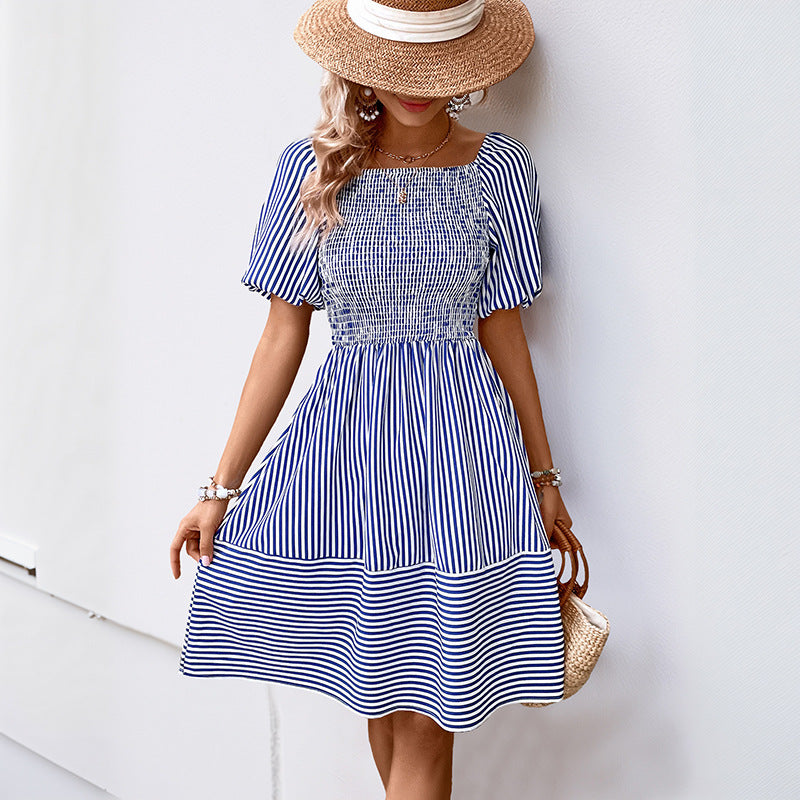 Striped A-Line Dress with Shirred Bodice and Puff Sleeves