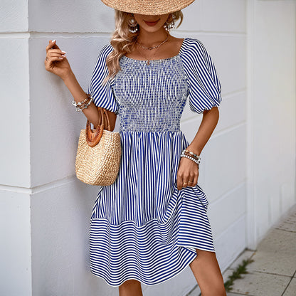 Striped A-Line Dress with Shirred Bodice and Puff Sleeves