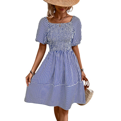Striped A-Line Dress with Shirred Bodice and Puff Sleeves