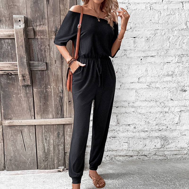 Relaxed Off-Shoulder Jumpsuit with Drawstring Jogger Pants