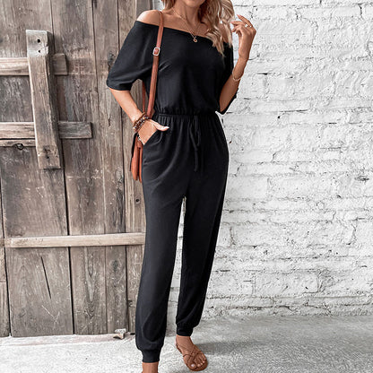 Relaxed Off-Shoulder Jumpsuit with Drawstring Jogger Pants