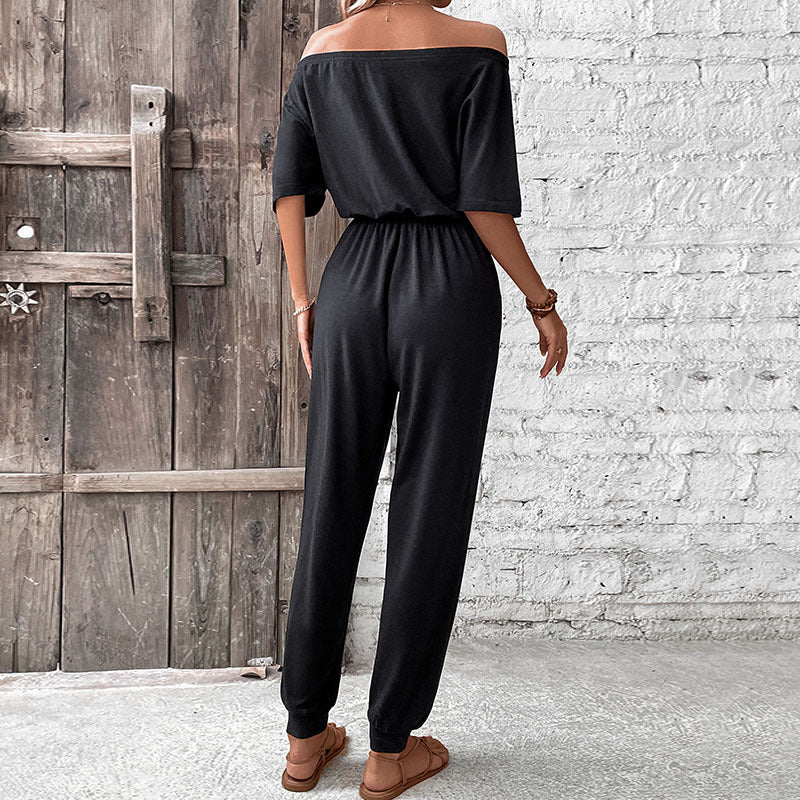 Relaxed Off-Shoulder Jumpsuit with Drawstring Jogger Pants