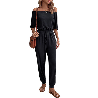 Relaxed Off-Shoulder Jumpsuit with Drawstring Jogger Pants