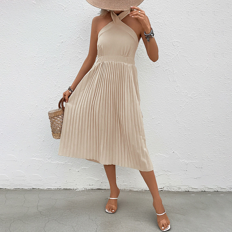 Solid Halter Midi Dress with Pleated Skirt