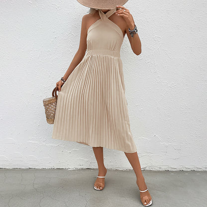 Solid Halter Midi Dress with Pleated Skirt