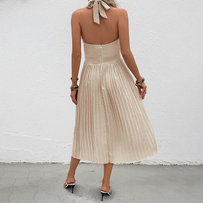 Solid Halter Midi Dress with Pleated Skirt