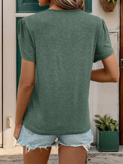 Solid Top with Pleated V-Neck and Petal Sleeves