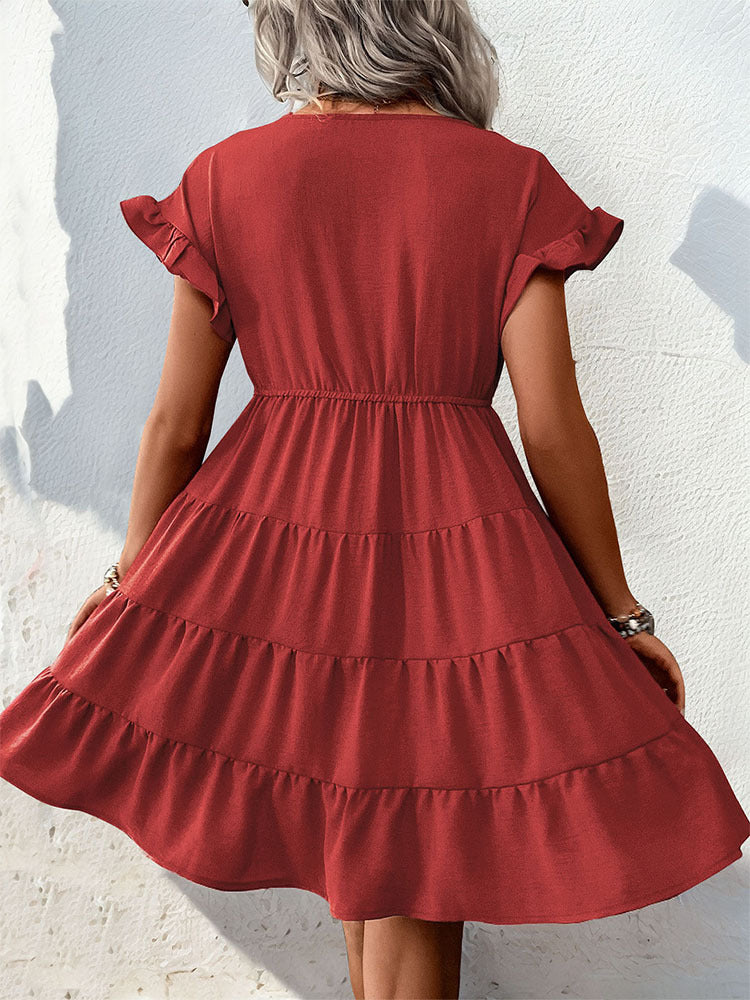 Solid Dress with Wrap V-Neck and Tiered Skirt