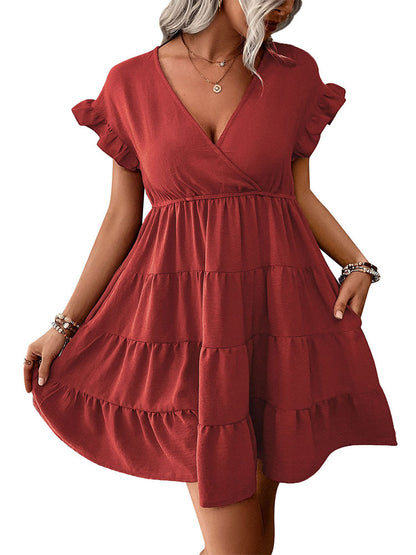 Solid Dress with Wrap V-Neck and Tiered Skirt