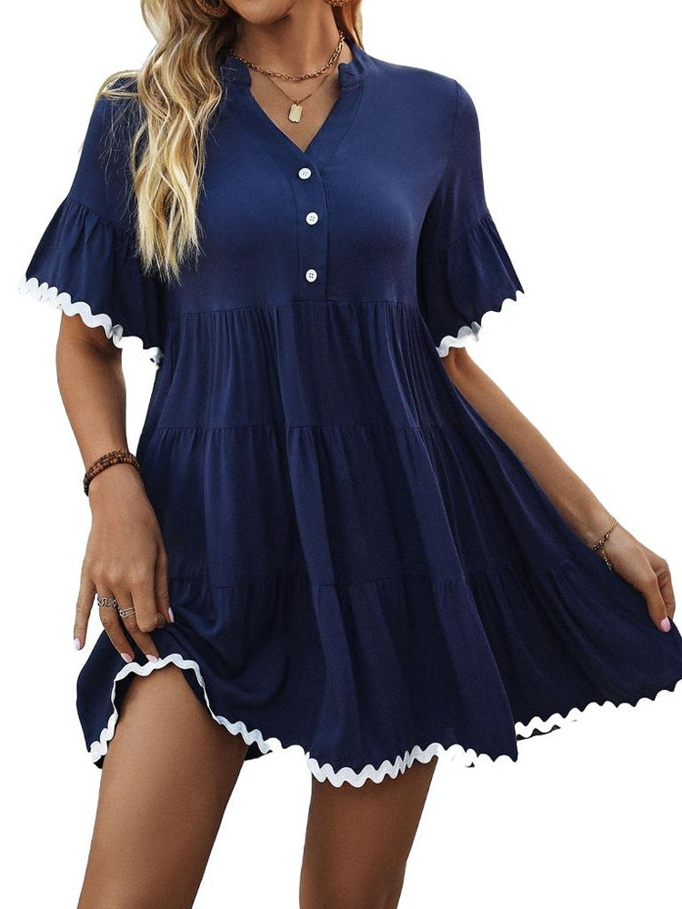A-Line Tiered Mini Dress with V-Neck and Scalloped Trim