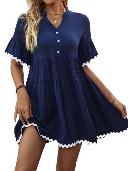 A-Line Tiered Mini Dress with V-Neck and Scalloped Trim