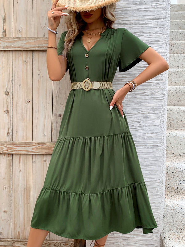 Tiered Midi Dress with V-Neck and Button Front