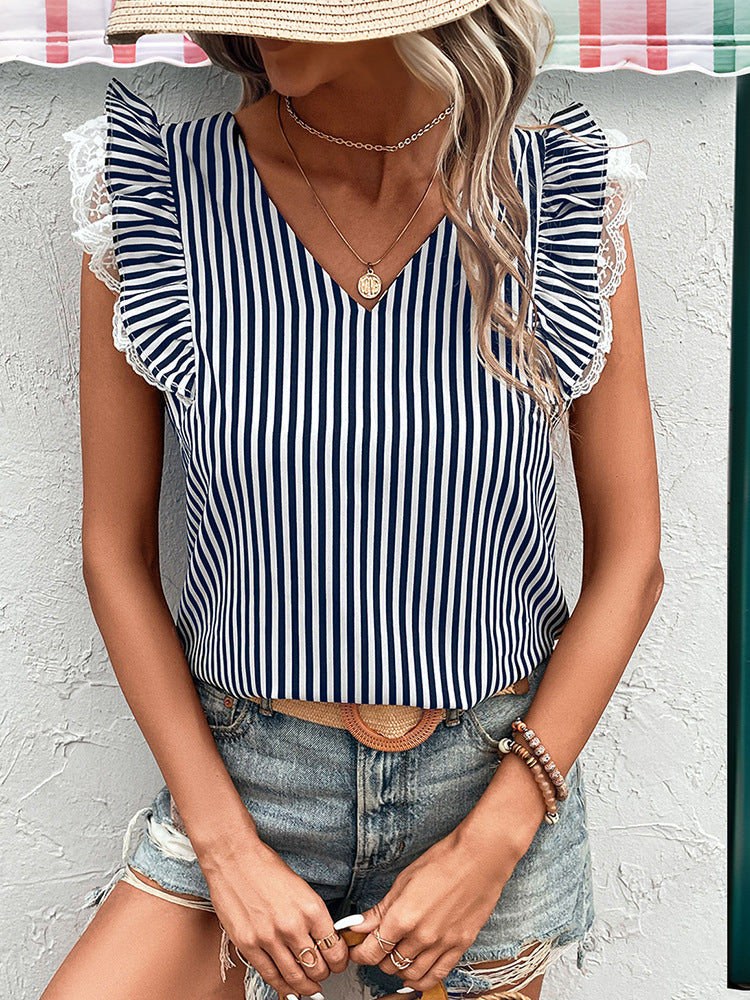 Striped V-Neck Top with Ruffle Lace Sleeves