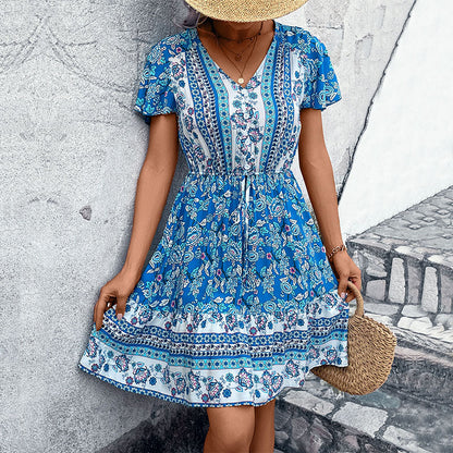 Ethnic Floral A-Line Dress with V-Neck and Drawstring Waist