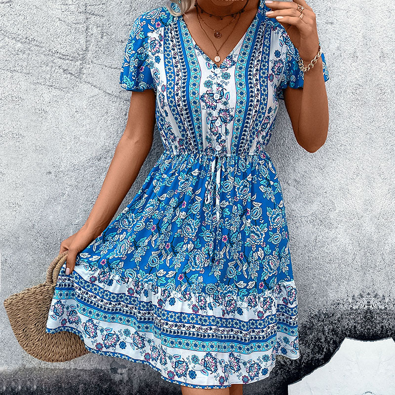 Ethnic Floral A-Line Dress with V-Neck and Drawstring Waist