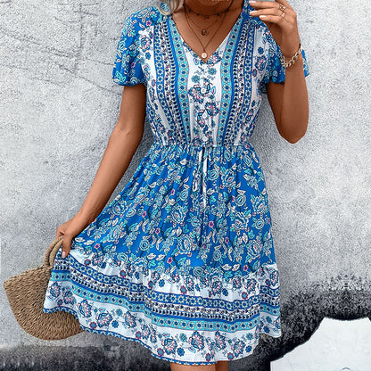 Ethnic Floral A-Line Dress with V-Neck and Drawstring Waist