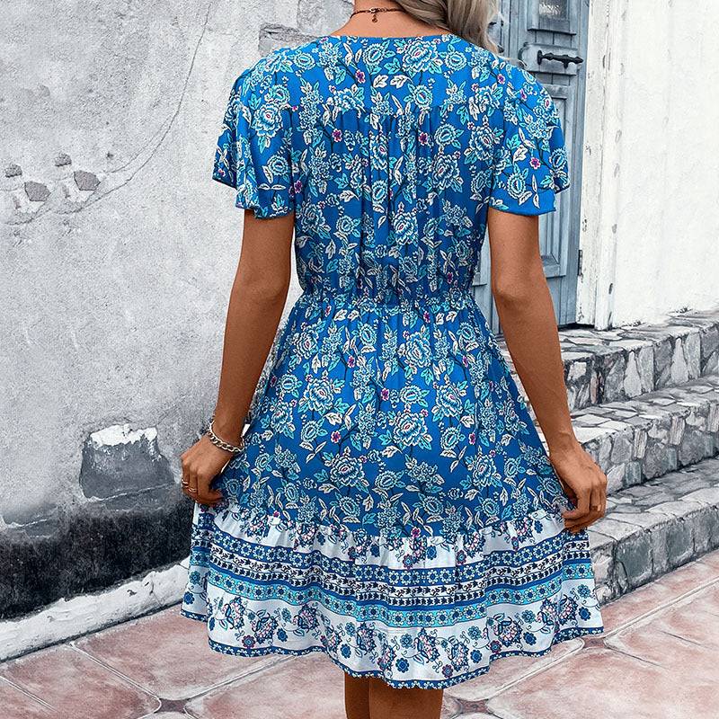 Ethnic Floral A-Line Dress with V-Neck and Drawstring Waist