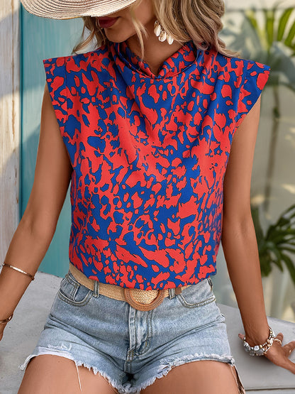 Abstract Color-Block Print Sleeveless Top with Cowl Neck